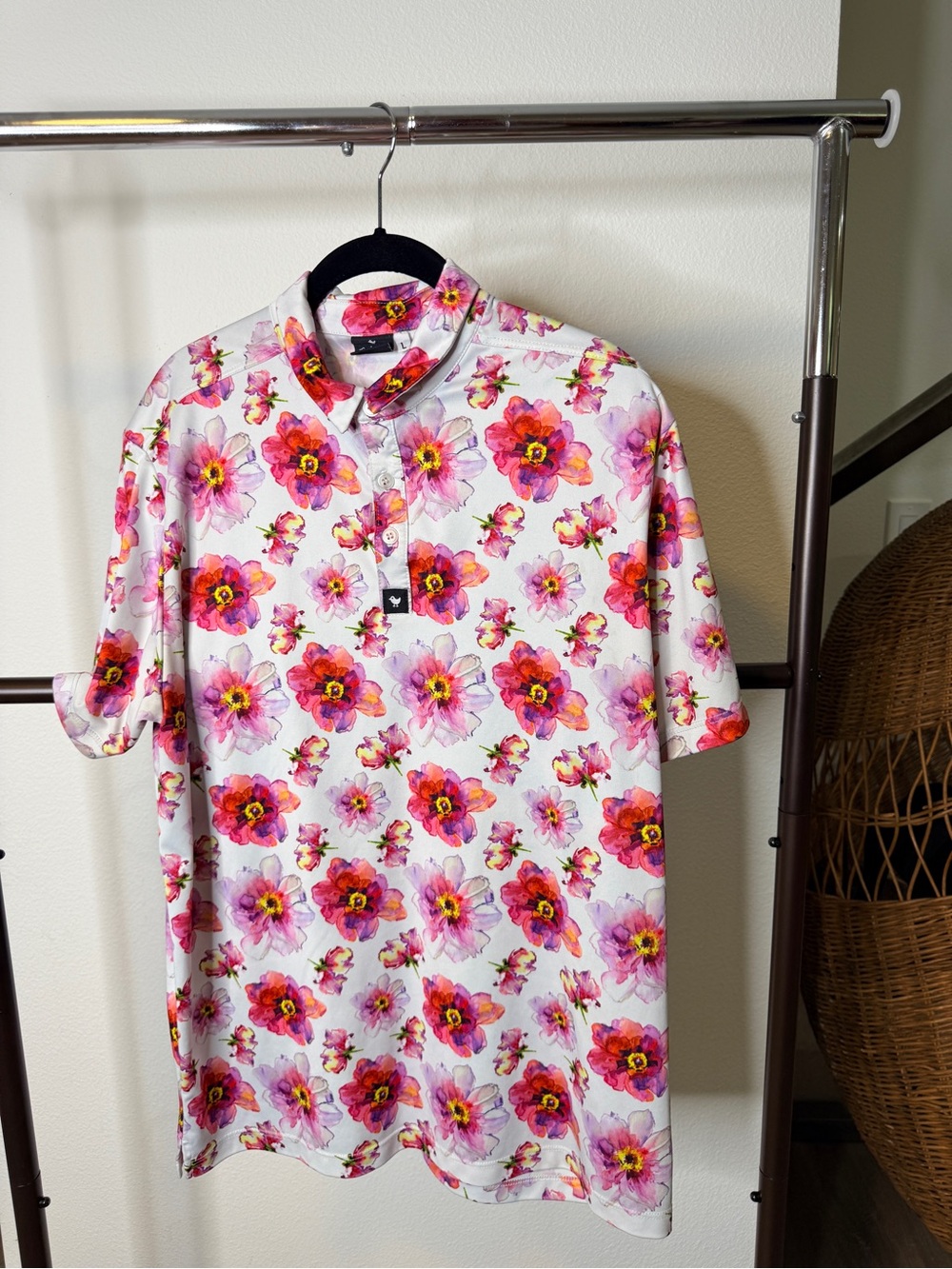 Bad Birdies Men's White Polo Shirt with Pink Floral Print